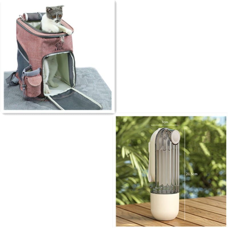 Pet carrier with a cat inside and a portable fan on a wooden surface with a green background.