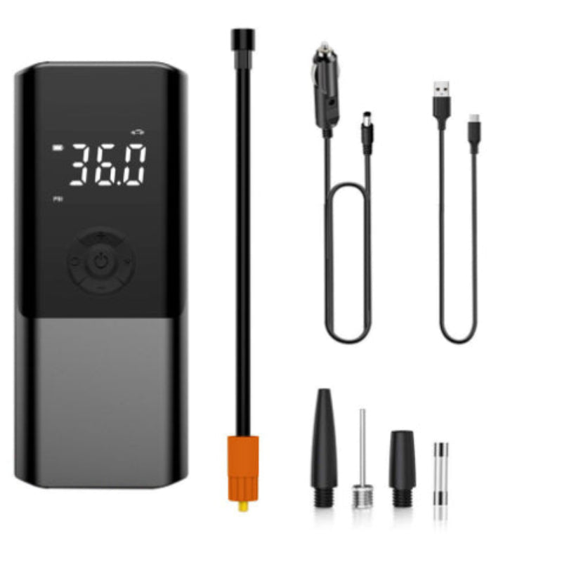 Black electronic device with digital display and various attachments on a white background