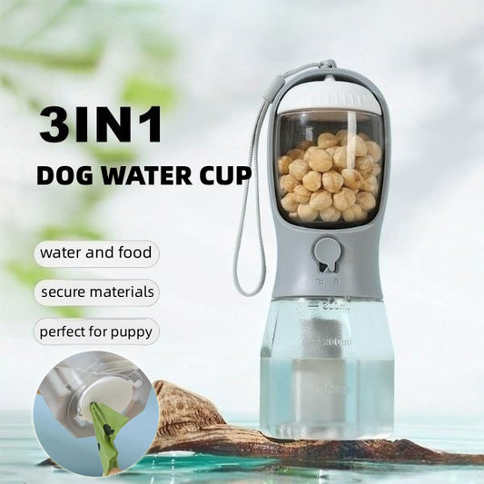 3-in-1 Dog Water Bottle – Portable Pet Cup with Food Container & Waste Bag Dispenser