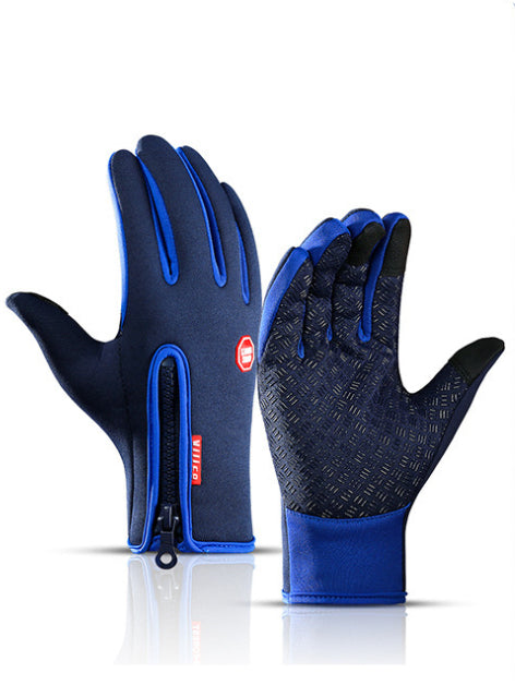 Pair of black and blue gloves on a white background