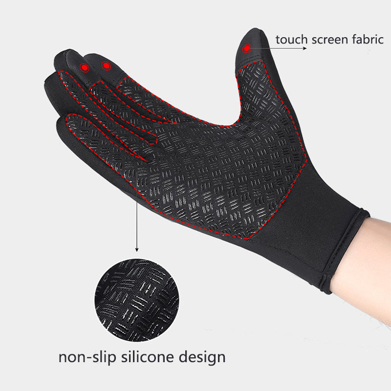 Black glove with red accents on a white background, highlighting touch screen fabric and non-slip silicone design.