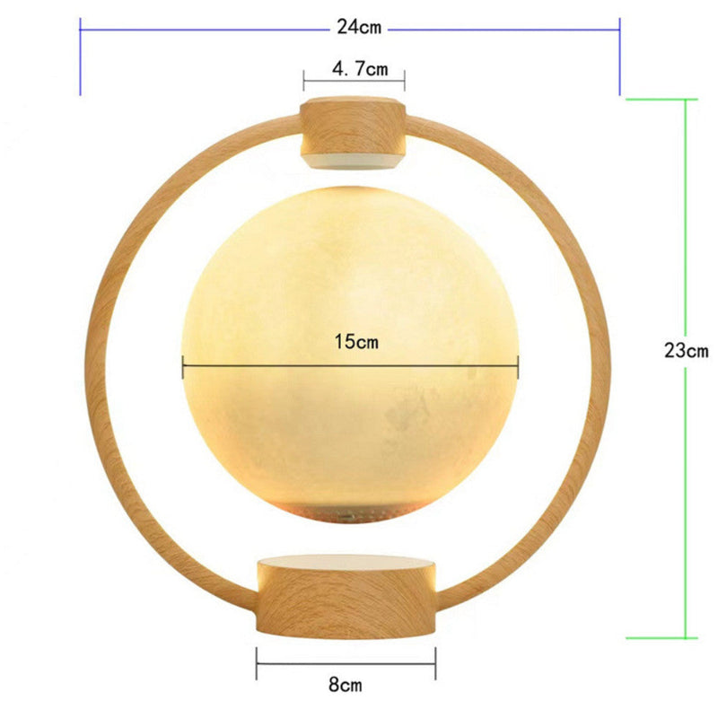 Measurement chart of a levitating sphere with dimensions on a white background