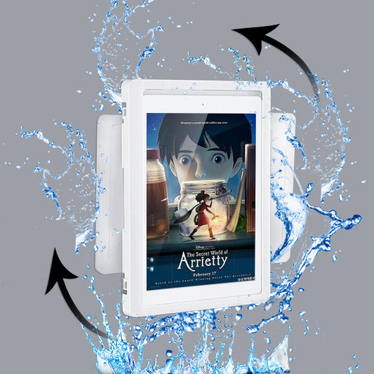 Digital display with 'The Secret World of Arrietty' movie poster surrounded by water splashes on a gray background.