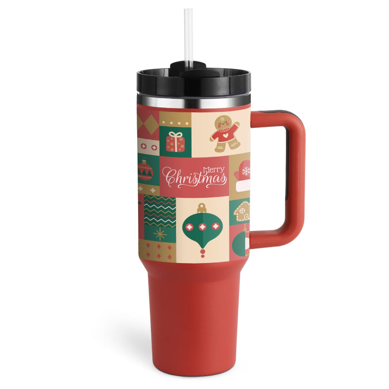 Red travel mug with Christmas pattern on a white background