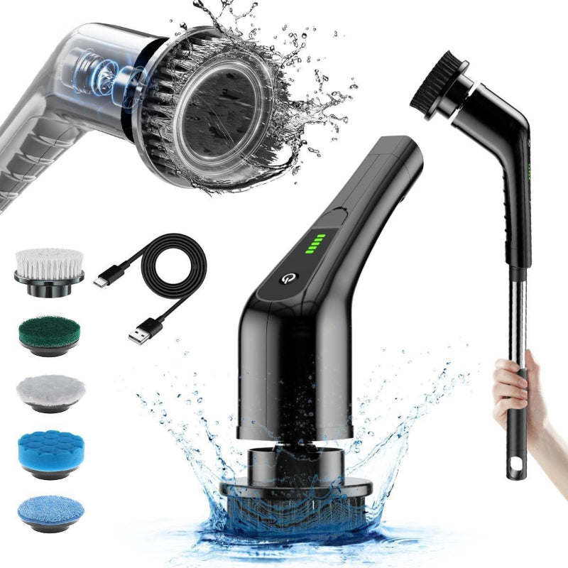 Black handheld cleaning tool with various attachments and water splashes on a white background