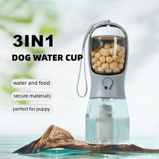 3-in-1 dog water bottle portable pet cup with food container and waste bag dispenser for travel