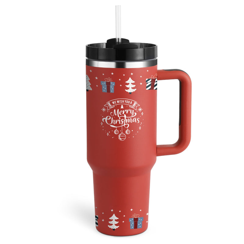 Red travel mug with Christmas design and text on a white background