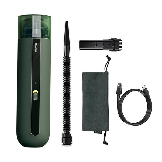 Collection of electronic device components including a green cylindrical device, black coil, and accessories on a white background.