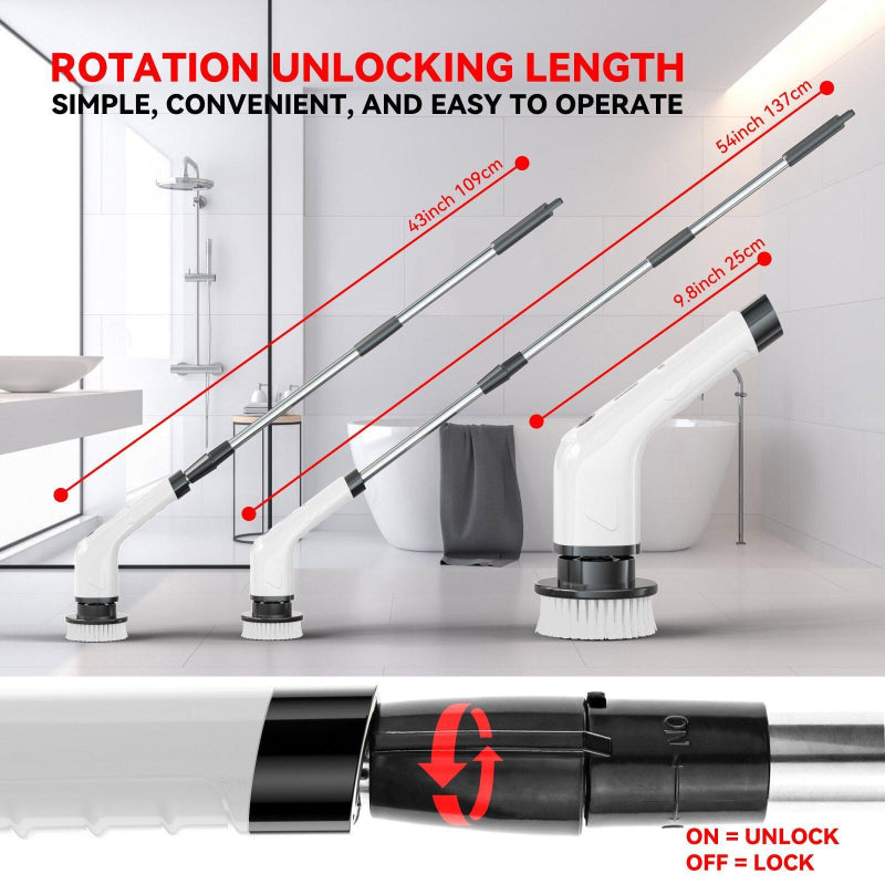 Cleaning tool with extendable arm and brush head, showing rotation unlocking mechanism in a bathroom setting.