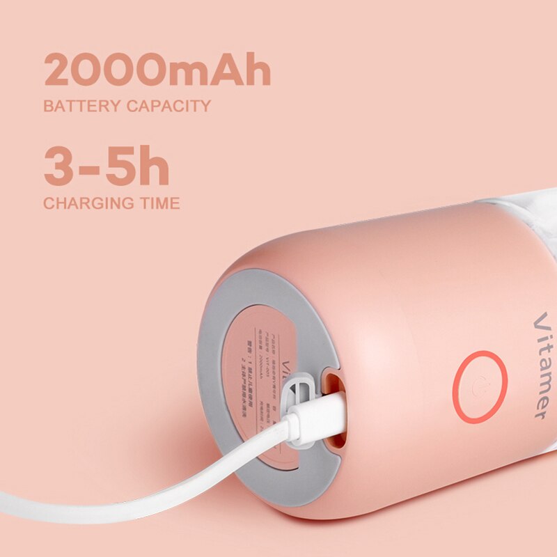 Pink portable charger with charging cable on a pink background, displaying battery capacity and charging time.