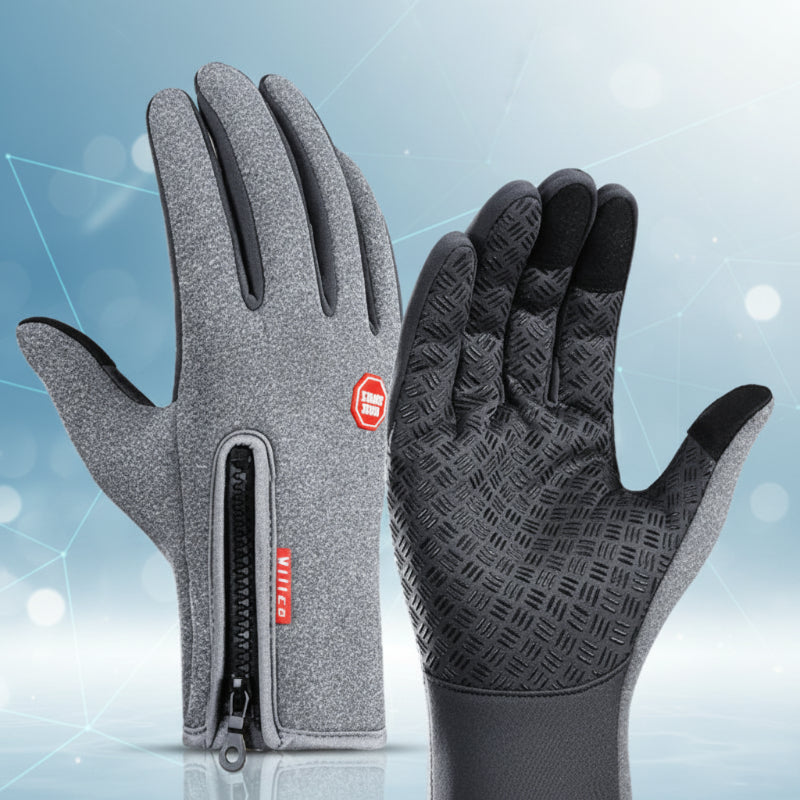 Pair of gray gloves with a zipper on a white background