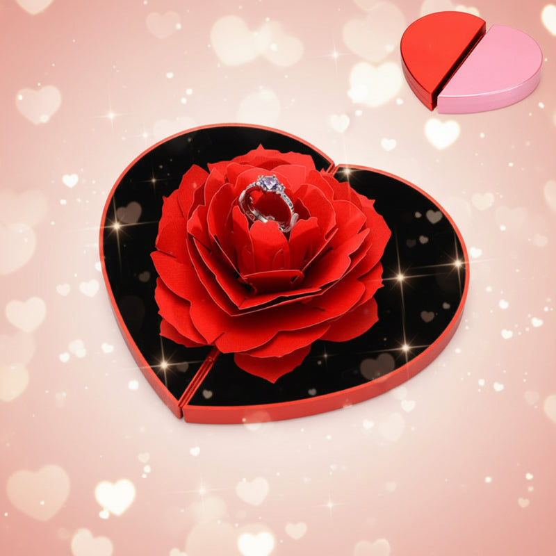 3D love heart-shaped rose rotating ring box romantic jewelry case for Valentine’s Day, weddings, and anniversaries