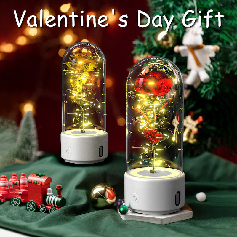Two decorative lights with roses under glass domes on a festive background with Christmas ornaments.
