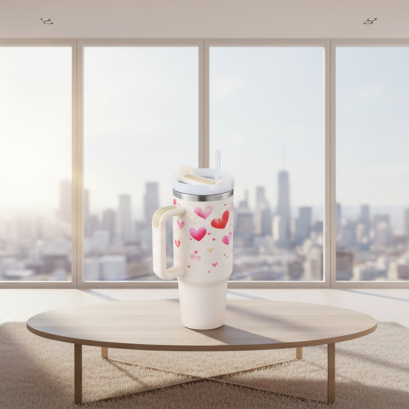 White tumbler with heart designs on a white background