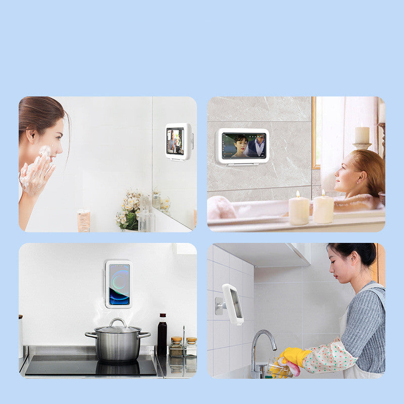 Collage of a digital display in various settings including a bathroom, kitchen, and laundry room.