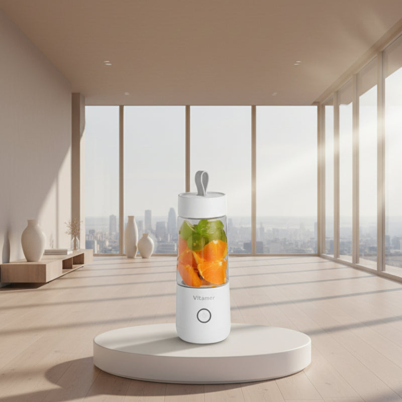 White portable blender with fruits inside on a white background