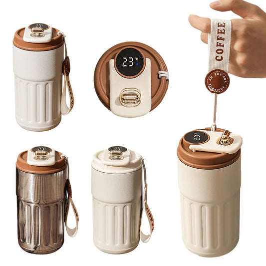 Collection of insulated travel mugs with digital thermometers and coffee-themed accessories on a white background.