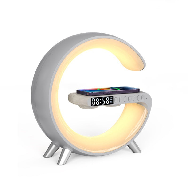 Moon-shaped night light with digital clock on a white background