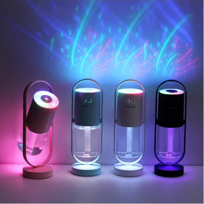 Four colorful cylindrical devices with LED lights on a dark background