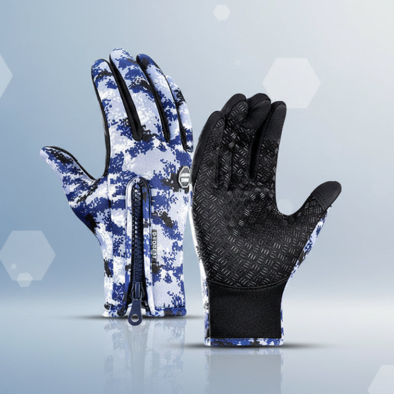 Pair of gloves with one in blue camouflage pattern and the other in black on a white background