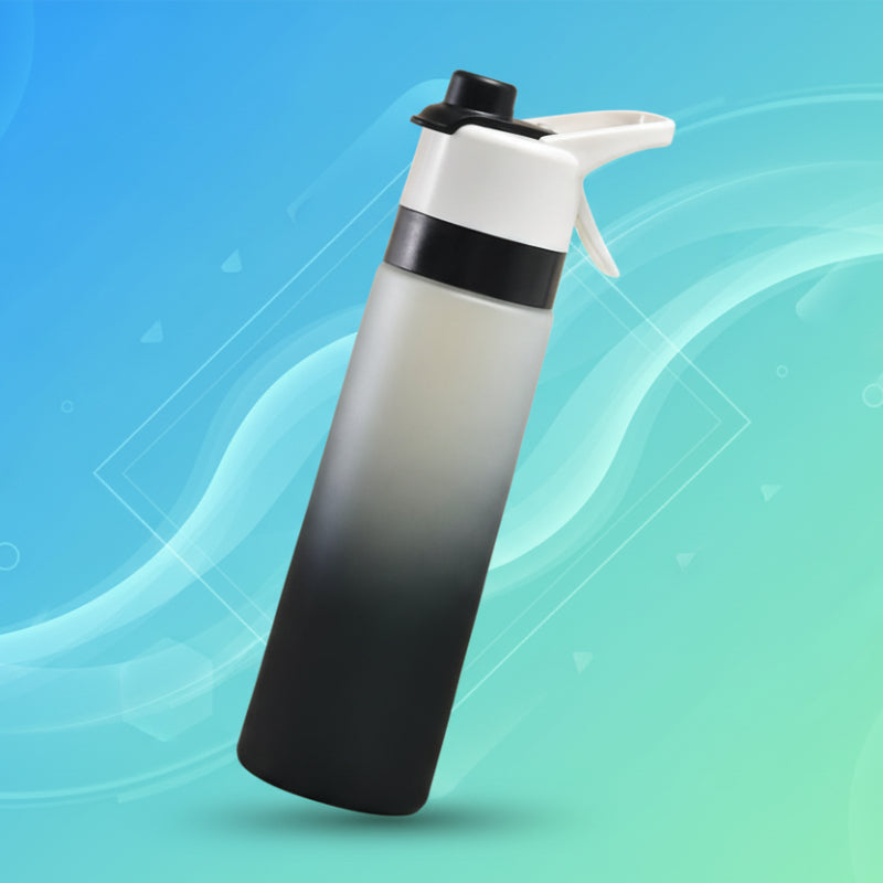 Gradient water bottle with black and white cap on a white background