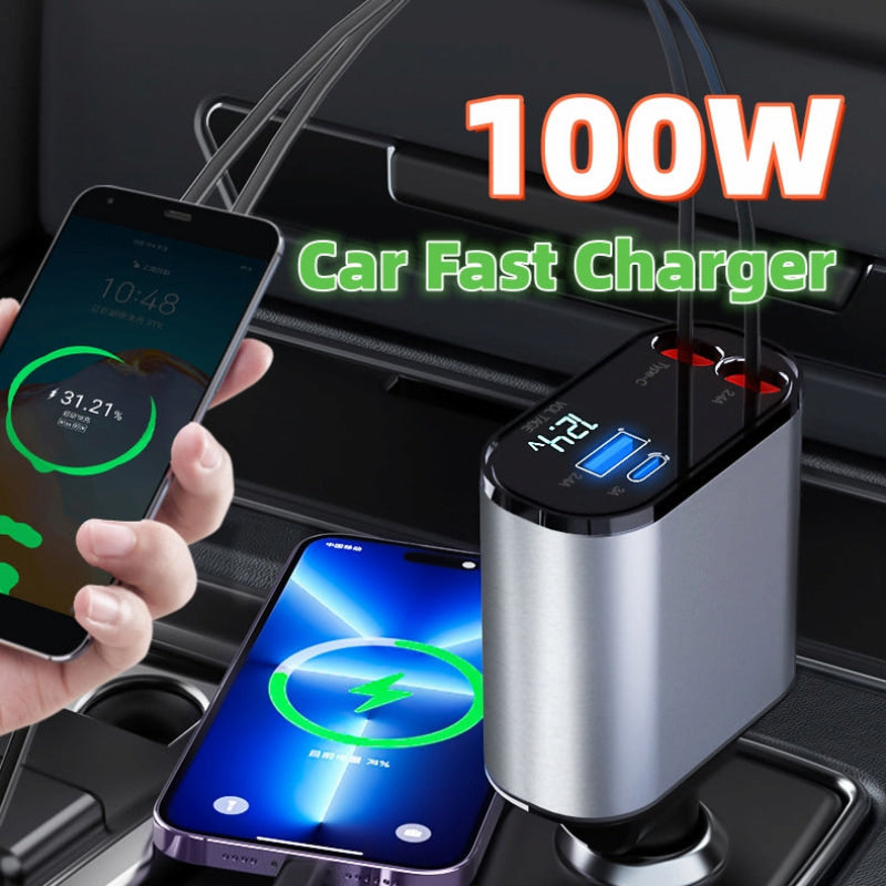 Car fast charger with two smartphones being charged, labeled '100W Car Fast Charger'.