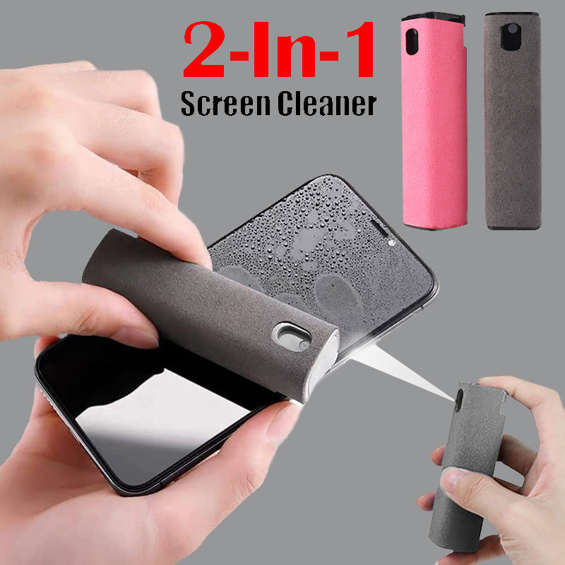 Portable mobile and computer screen cleaner set with integrated storage, spray bottle, and microfiber cloth