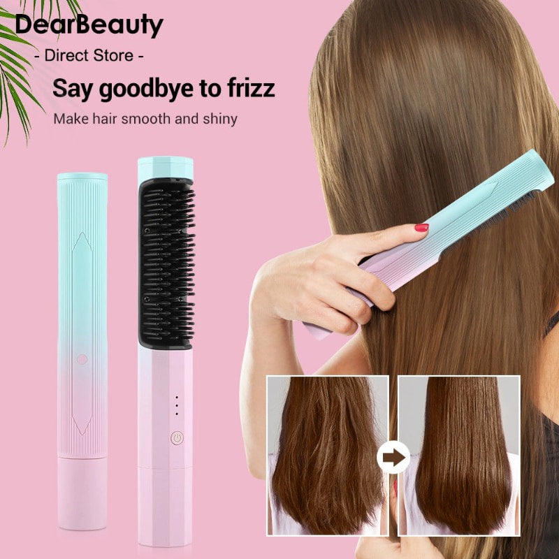 Rechargeable Hair Straightening Comb – Wireless Dual-Purpose Straightener & Curler