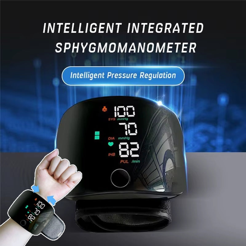 Rechargeable wrist blood pressure monitor with smart touch screen for accurate home health tracking