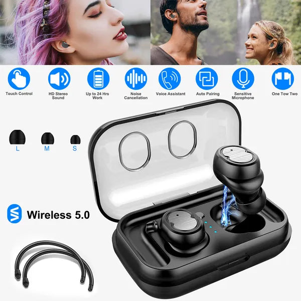 TWS Wireless 5.0 earbuds IPX4 touch in-ear stereo earphones noise canceling 32.8 ft range