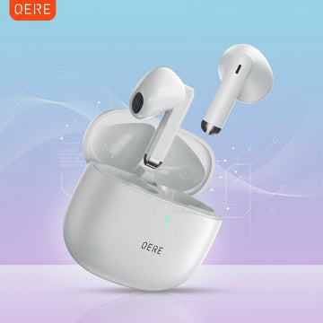 Wireless earbuds with charging case on a gradient background, featuring the QERE brand.