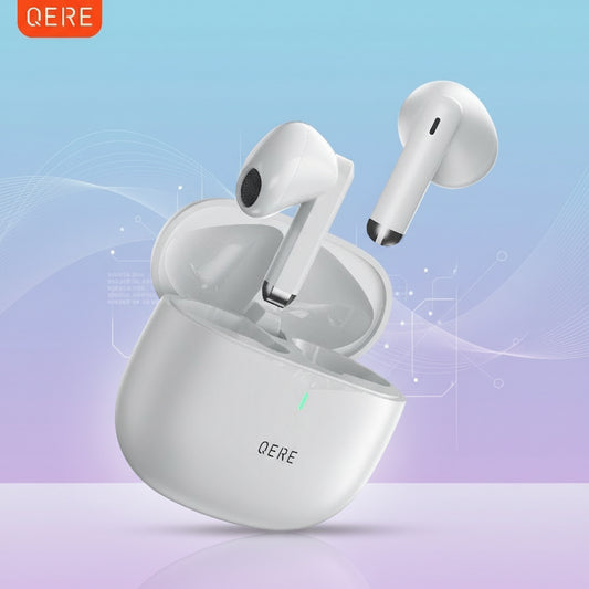 Wireless earbuds with charging case on a gradient background, featuring the QERE brand.