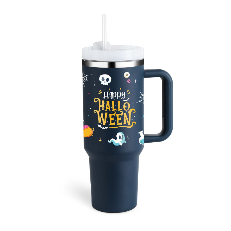 Navy blue tumbler with 'Happy Halloween' text and graphics on a white background