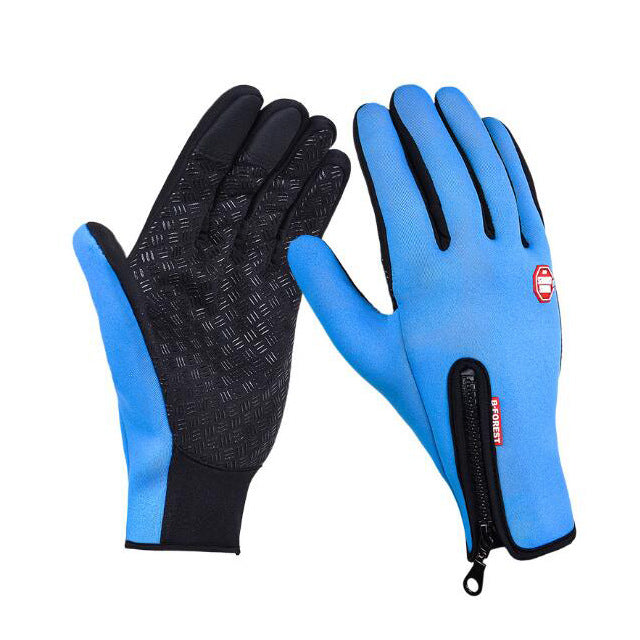 Pair of blue and black gloves with a visible brand logo on a white background