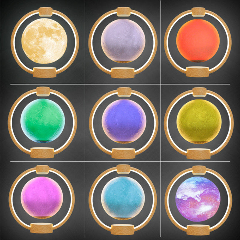Nine colorful spherical lights in wooden frames on a dark background