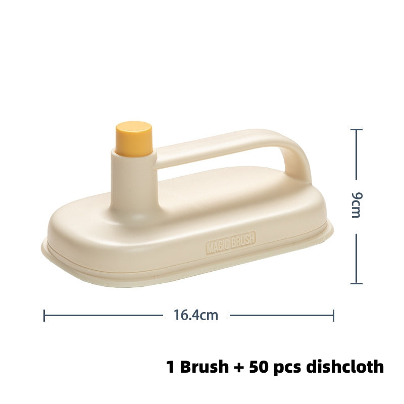 Beige cleaning brush with yellow handle and dimensions on a white background
