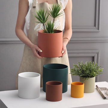 Nordic industrial style colorful ceramic succulent planter cylindrical flowerpot with drainage hole and tray 