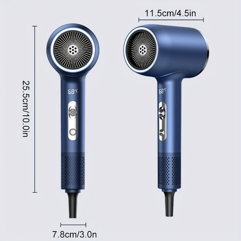 Blue hair dryer with measurements on a light gray background