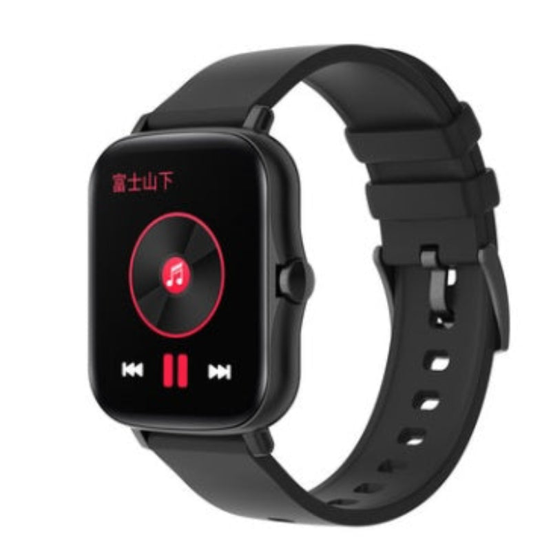 Black smartwatch with a music player interface on a white background