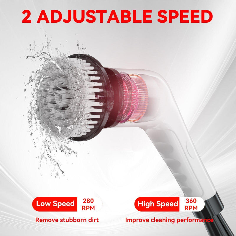 Cleaning brush with adjustable speed features on a white background