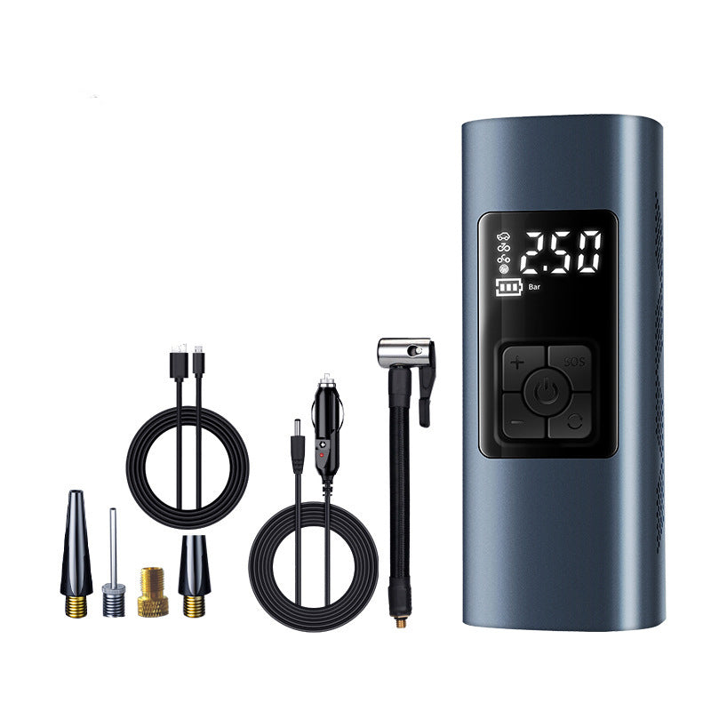 Portable air compressor with various attachments on a white background