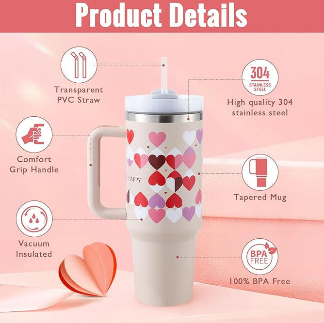 Travel mug with heart pattern on a pink background, featuring product details.