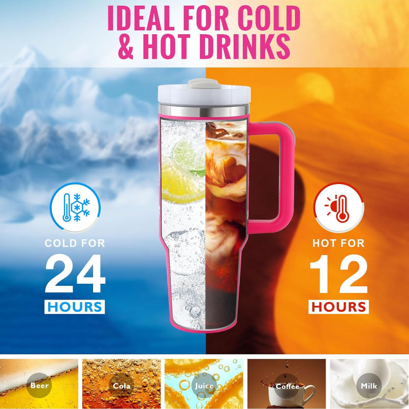 Insulated tumbler with pink handle shown with cold and hot beverage images, text indicating temperature durability.